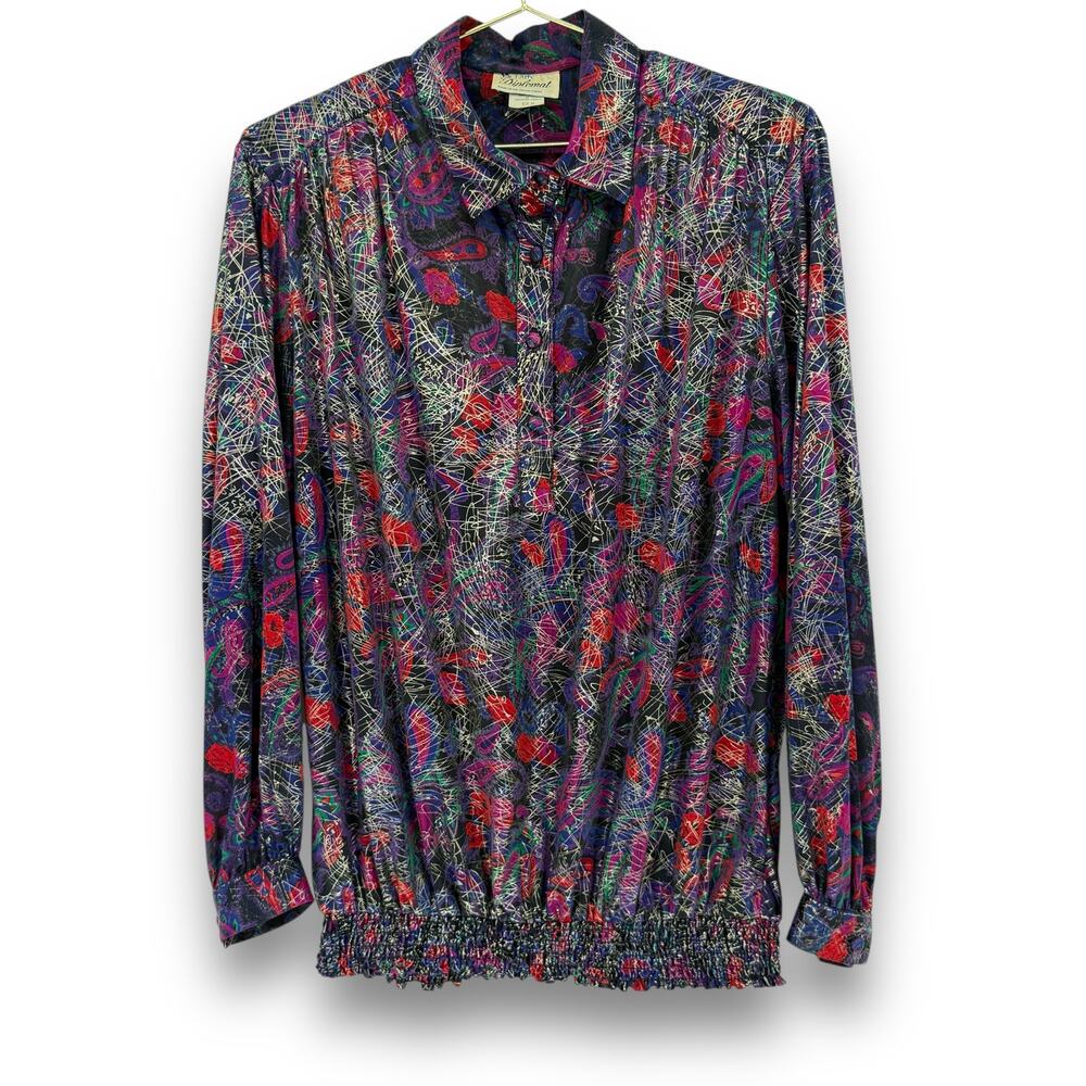 Vintage 1970s Lady Diplomat Abstract Print Shimmer Metallic Blouse, Size 14